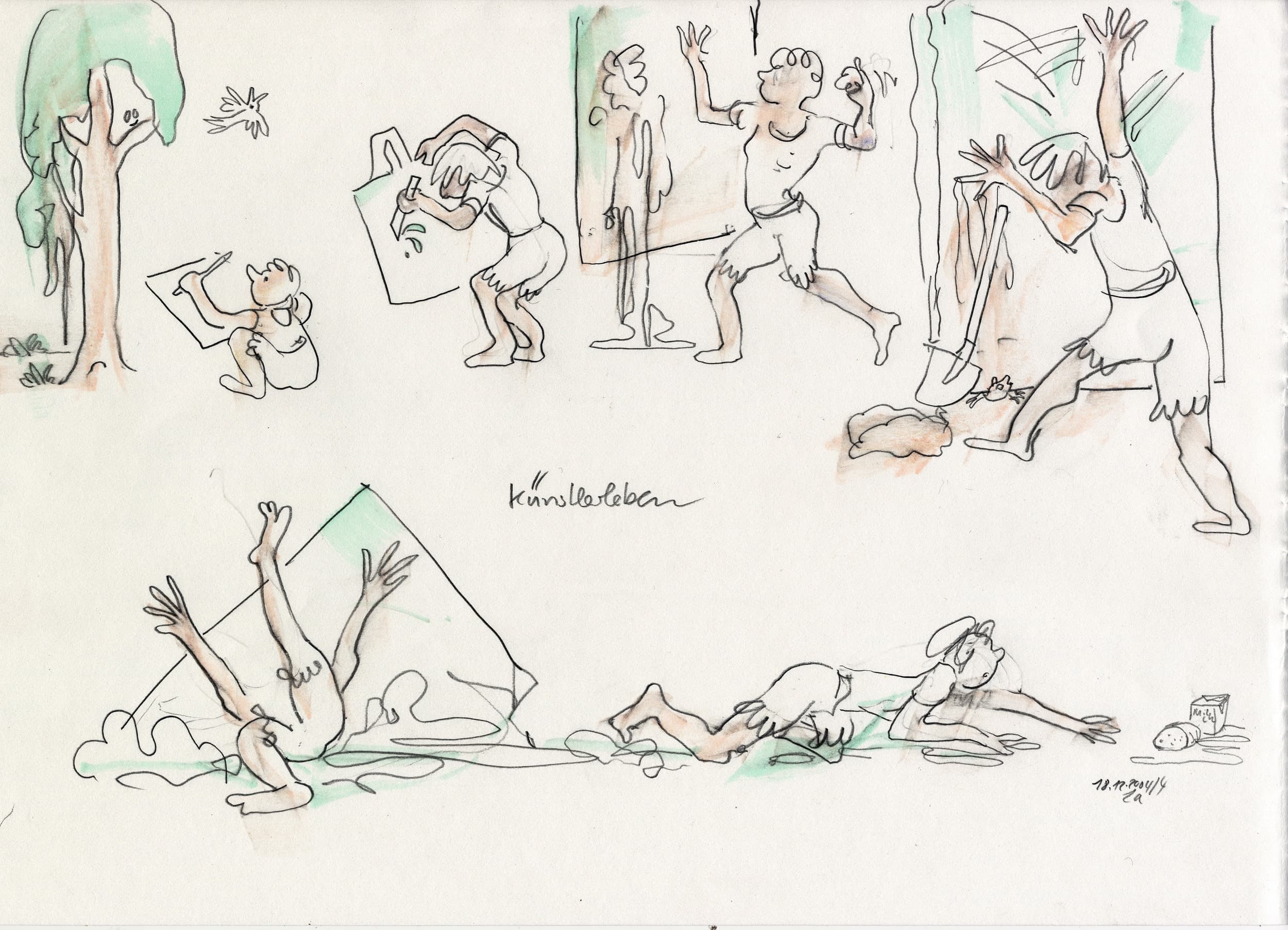 Gunter Langer, Karikatur Künstler, Künstlerleben, Künstlerleben, 2004, Gouache Wasserfarbe Bleistift, Karton, 21 x 30 cm